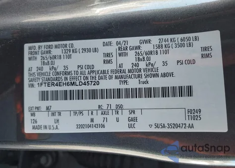 2021 Ford Ranger Xl z USA, uszkodzony, nr VIN 1FTER4EH6MLD45720